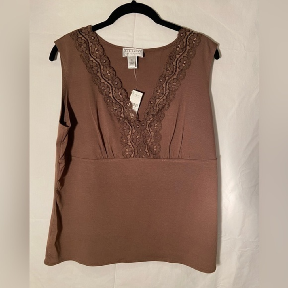 NWT, Talbots Camisole Lace Tank Top v‎ neck Brown Size XL
